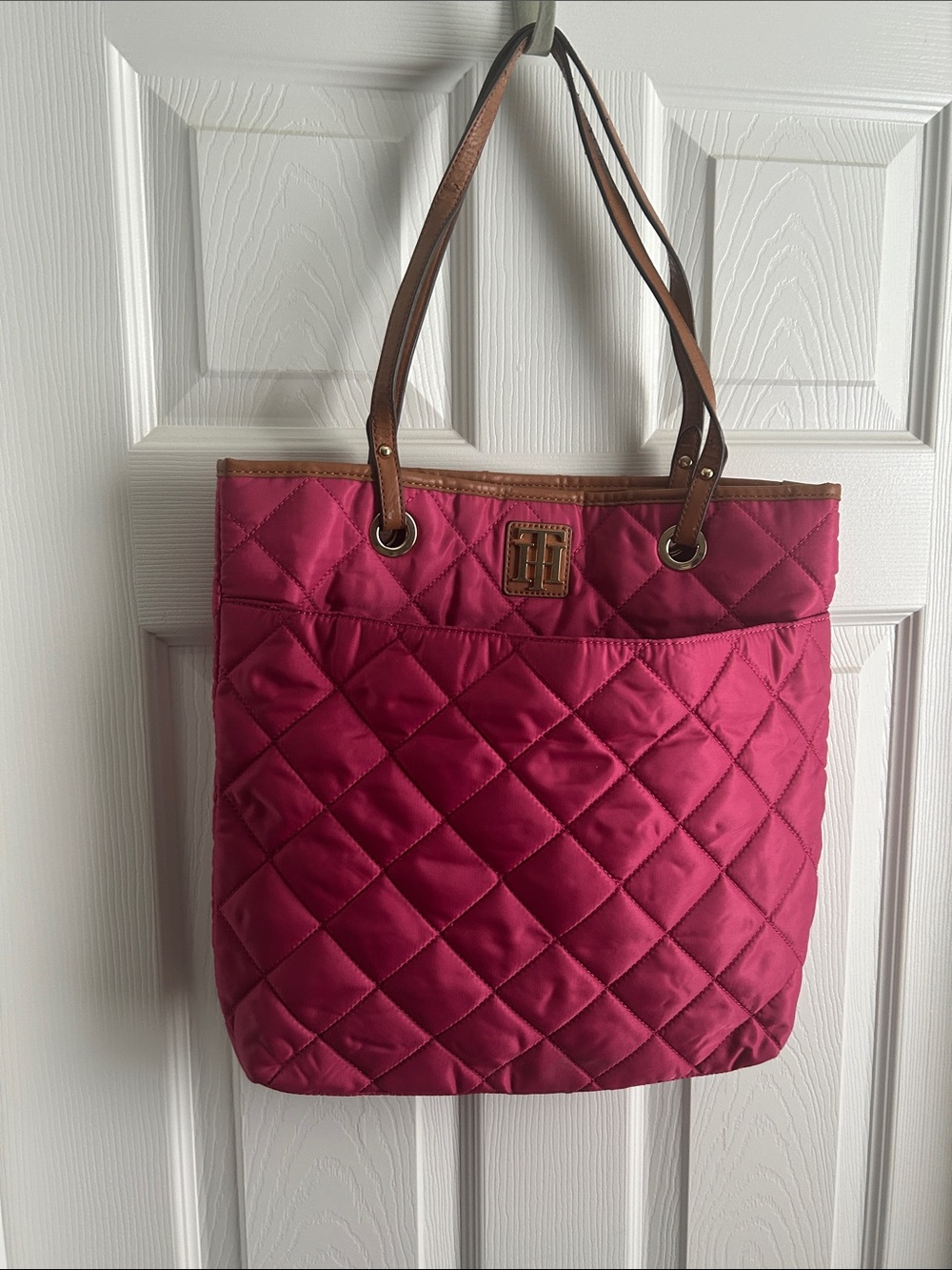 Tommy Hilfiger Quilted Fuchsia Tote with Brown Straps